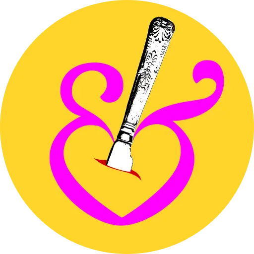 our circle logo in pink on a yellow background